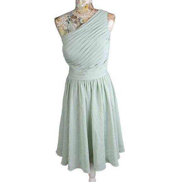 Cocktail Dress One Shoulder Light Green Chiffon Knee Length Special Occasion - Picture 11 of 11